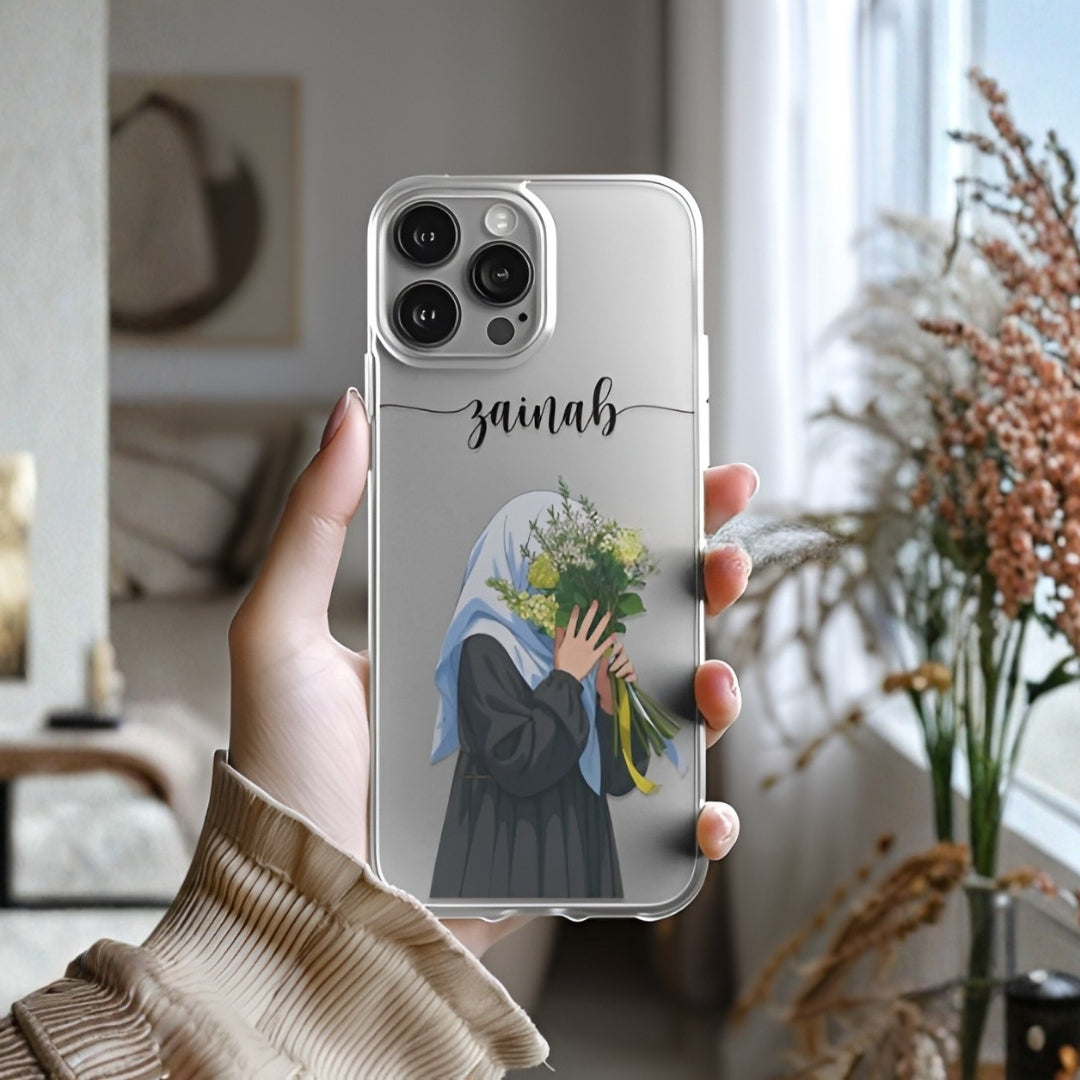 Hijab Girl Holding Flower Custom Name Transparent Silicone Phone Case Design 1
