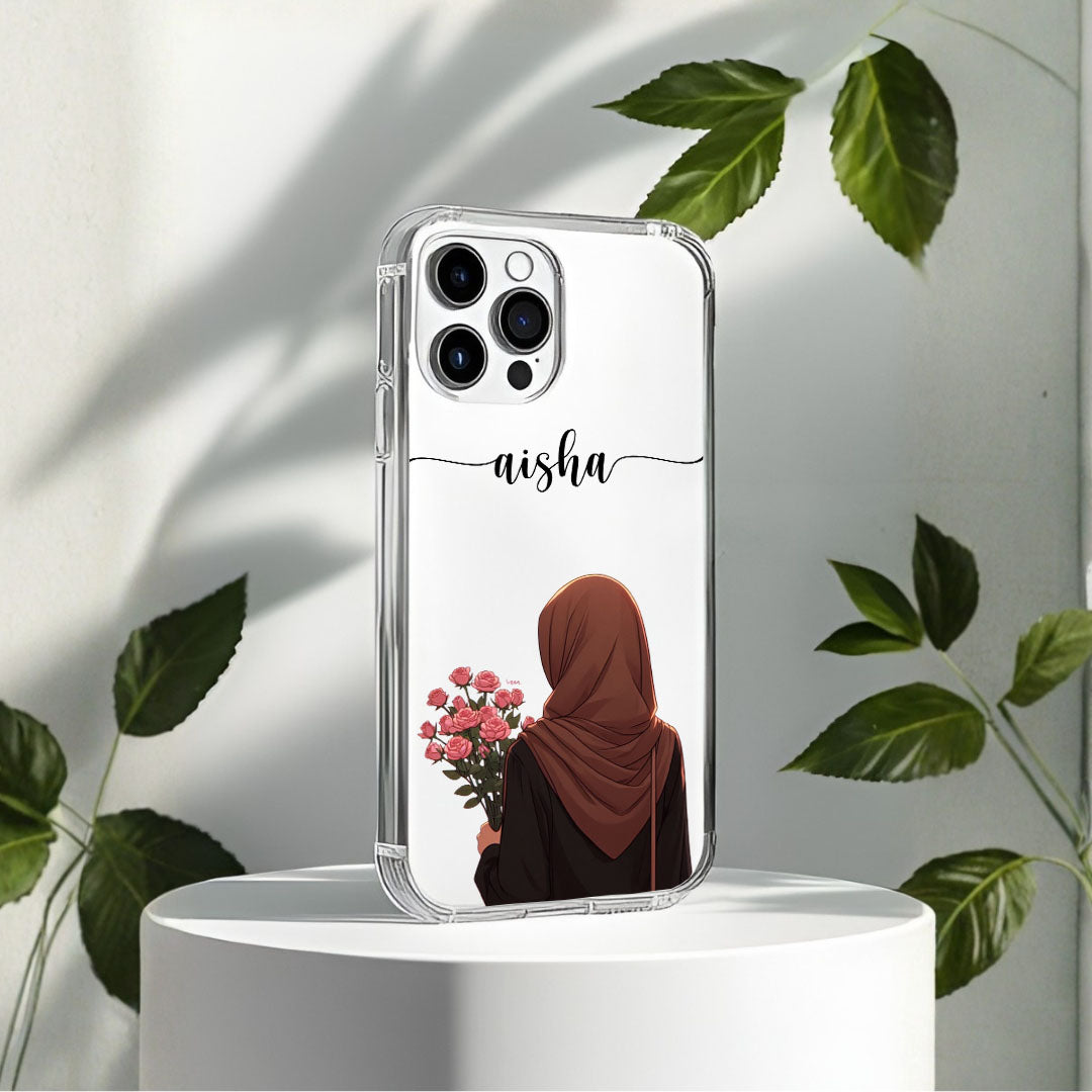 Hijab Girl Holding Flower Custom Name Transparent Silicone Phone Case Design 13