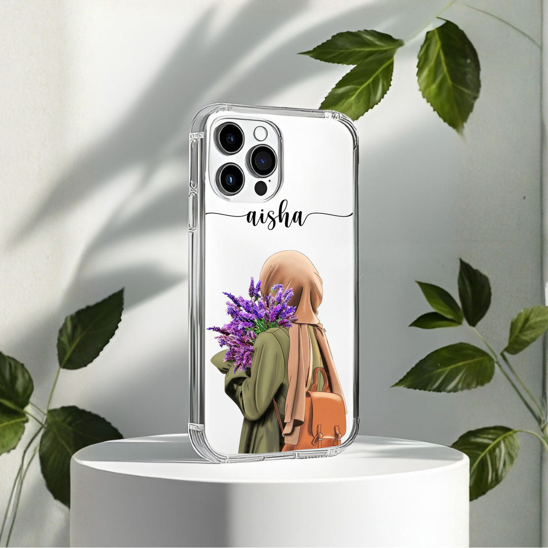 Hijab Girl Holding Flower Custom Name Transparent Silicone Phone Case Design 19