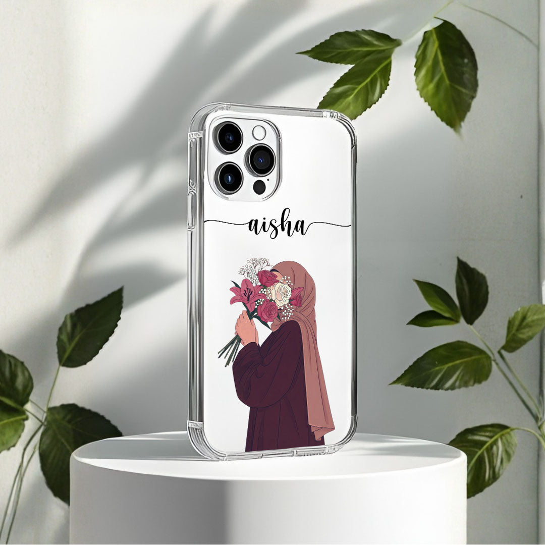 Hijab Girl Holding Flower Custom Name Transparent Silicone Phone Case Design 21