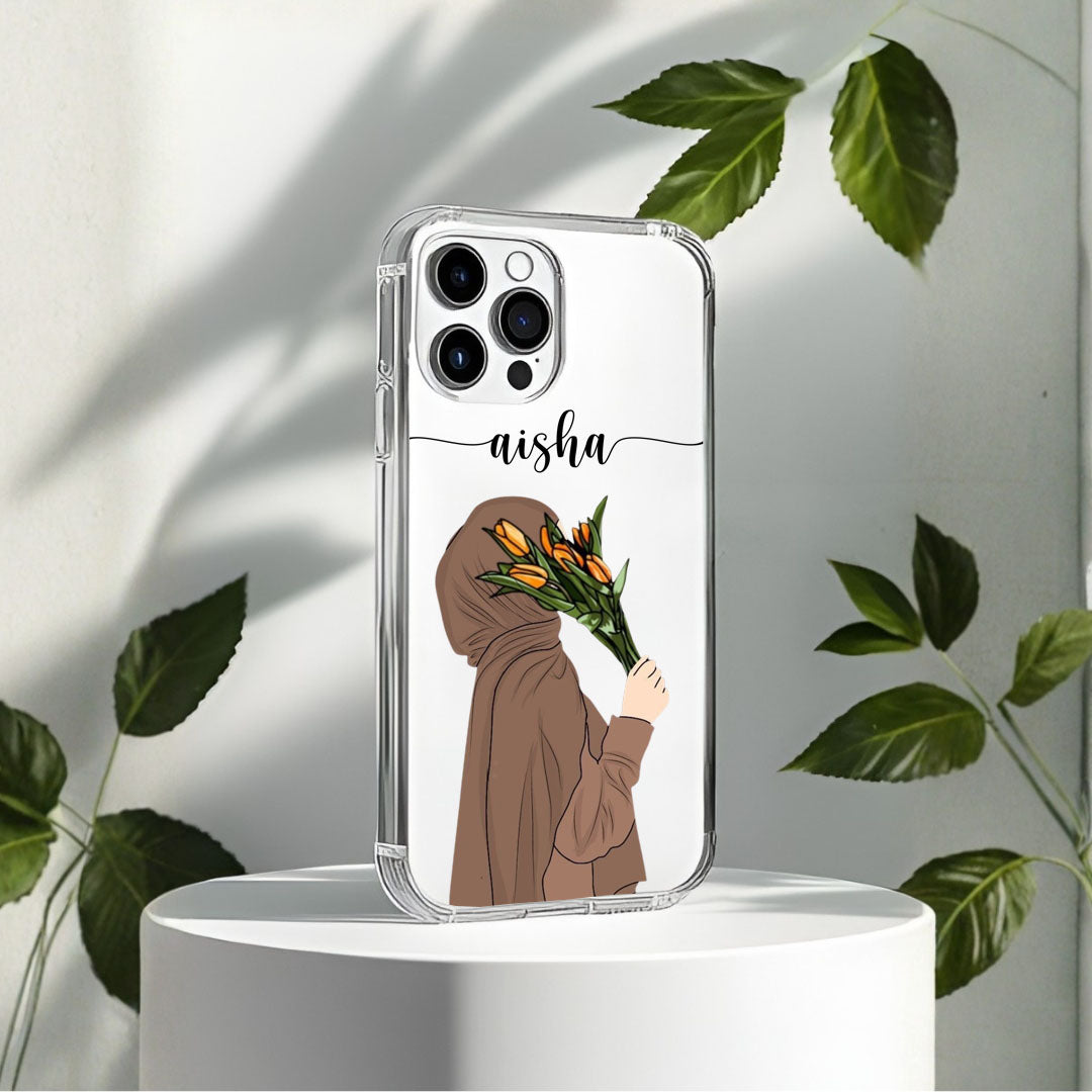 Hijab Girl Holding Flower Custom Name Transparent Silicone Phone Case Design 4