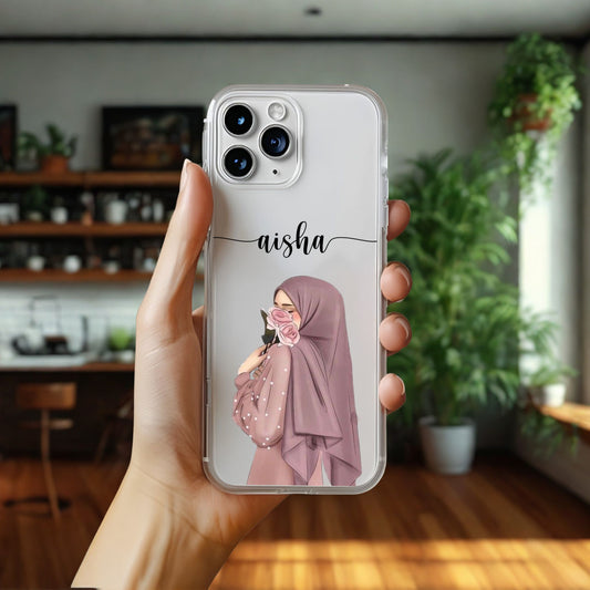 Hijab Girl Holding Flower Custom Name Transparent Silicone Phone Case Design 10