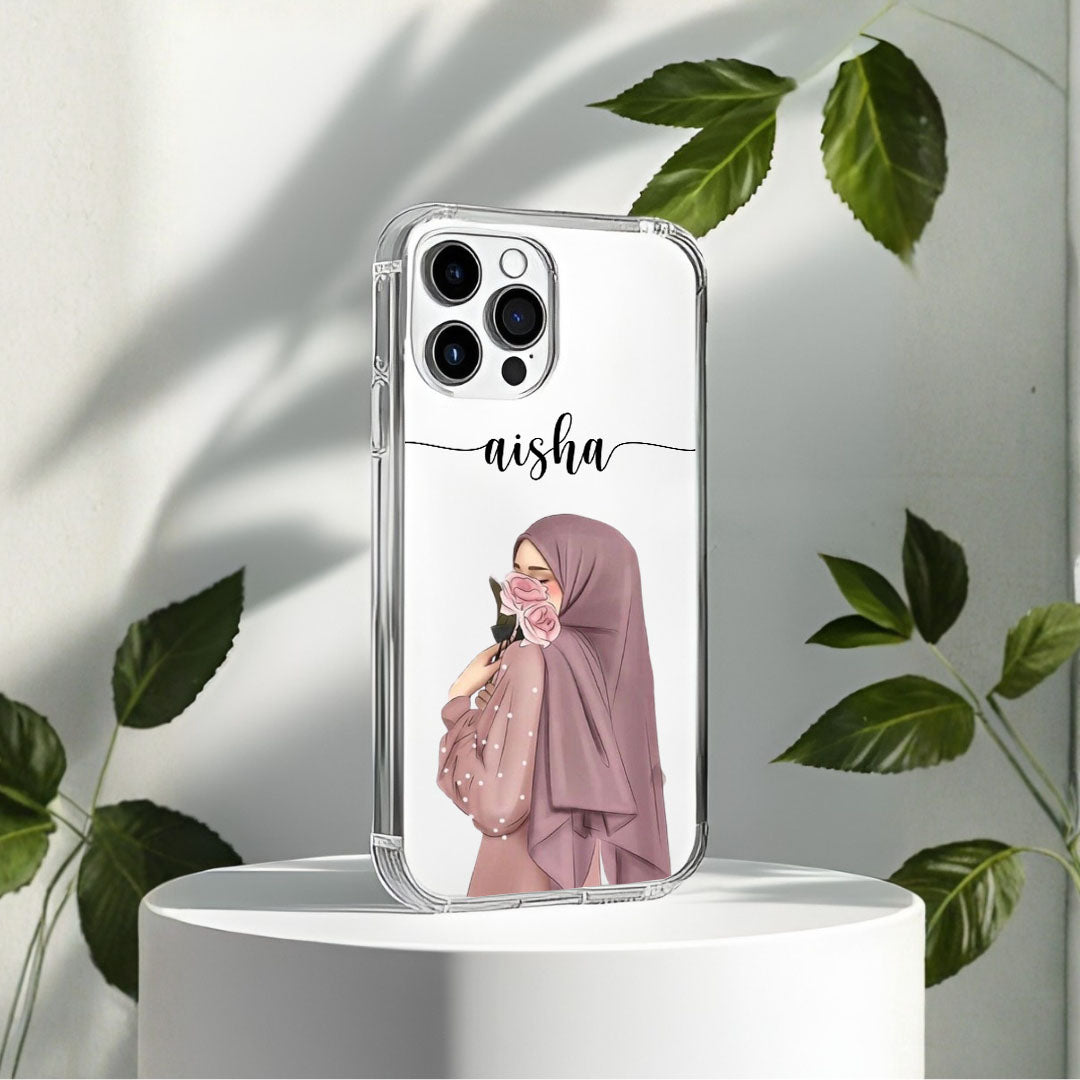Hijab Girl Holding Flower Custom Name Transparent Silicone Phone Case Design 10