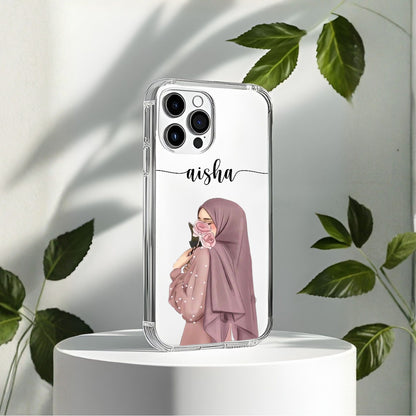 Hijab Girl Holding Flower Custom Name Transparent Silicone Phone Case Design 10