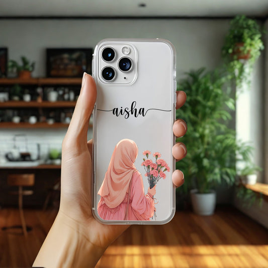 Hijab Girl Holding Flower Custom Name Transparent Silicone Phone Case Design 11