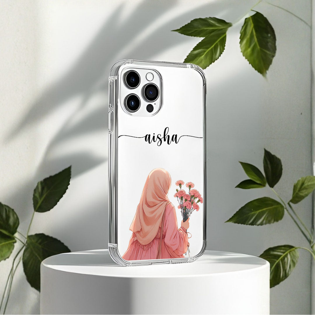 Hijab Girl Holding Flower Custom Name Transparent Silicone Phone Case Design 11