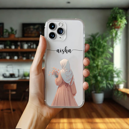 Hijab Girl Holding Flower Custom Name Transparent Silicone Phone Case Design 12