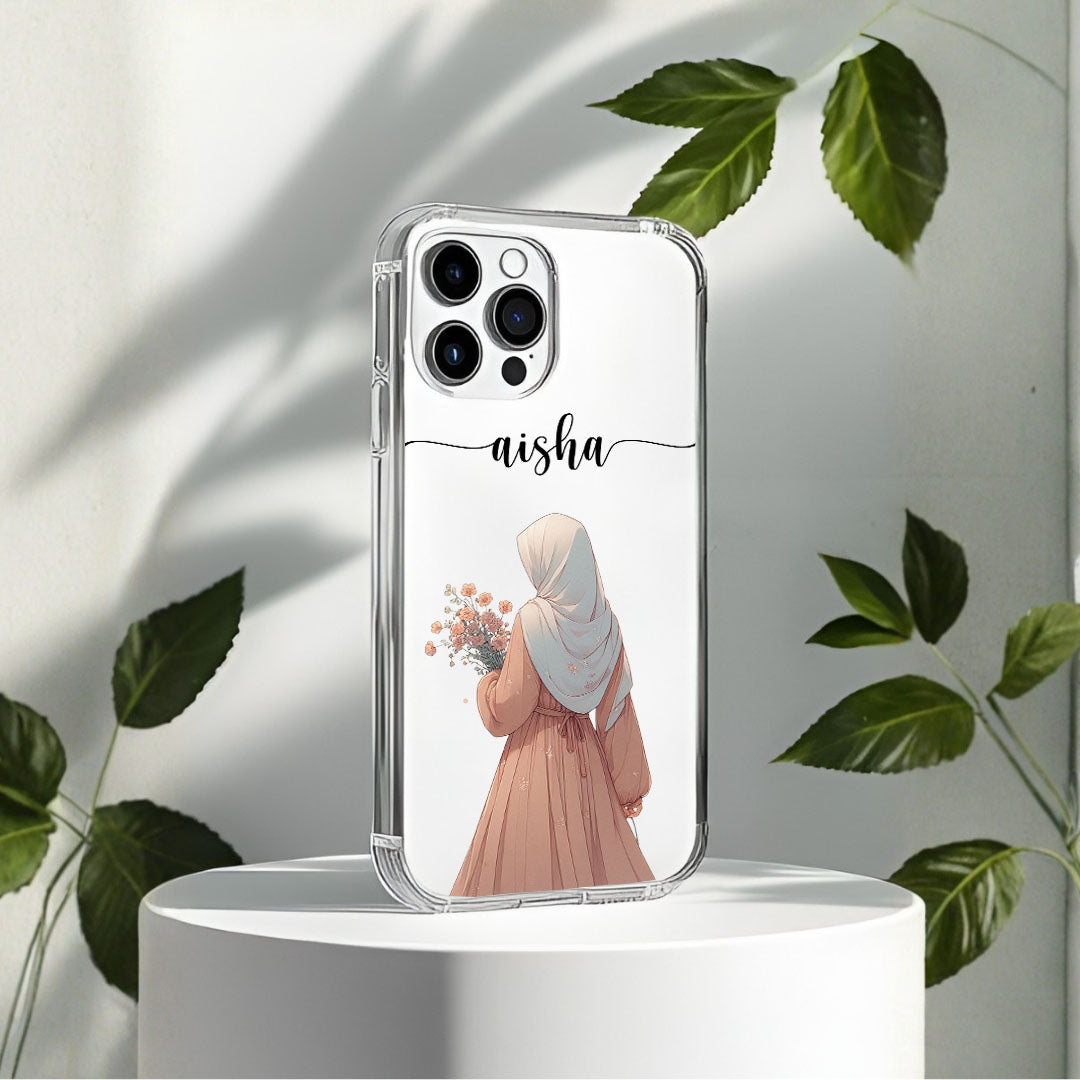 Hijab Girl Holding Flower Custom Name Transparent Silicone Phone Case Design 12