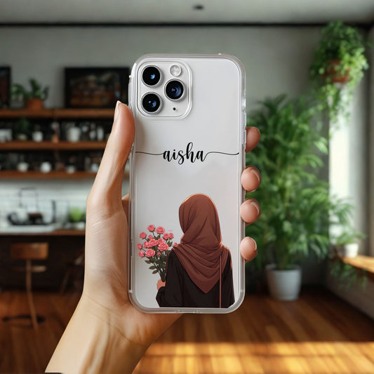 Hijab Girl Holding Flower Custom Name Transparent Silicone Phone Case Design 13