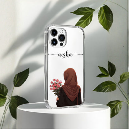Hijab Girl Holding Flower Custom Name Transparent Silicone Phone Case Design 13