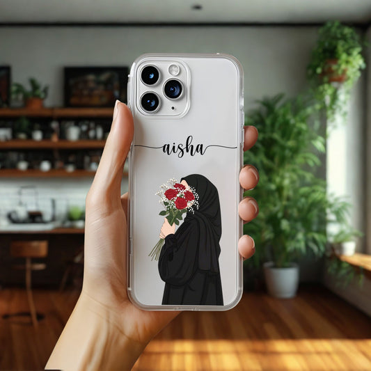Hijab Girl Holding Flower Custom Name Transparent Silicone Phone Case Design 14