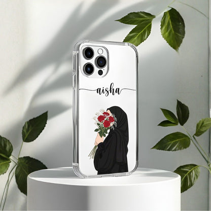 Hijab Girl Holding Flower Custom Name Transparent Silicone Phone Case Design 14