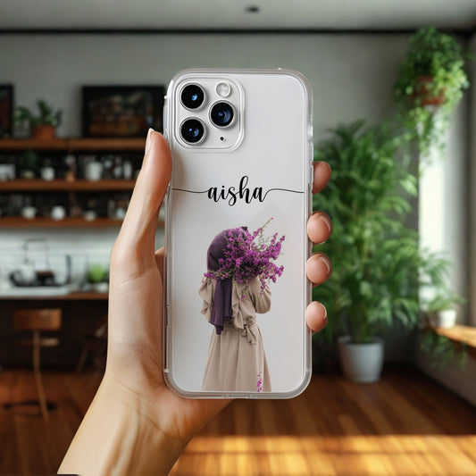 Hijab Girl Holding Flower Custom Name Transparent Silicone Phone Case Design 15