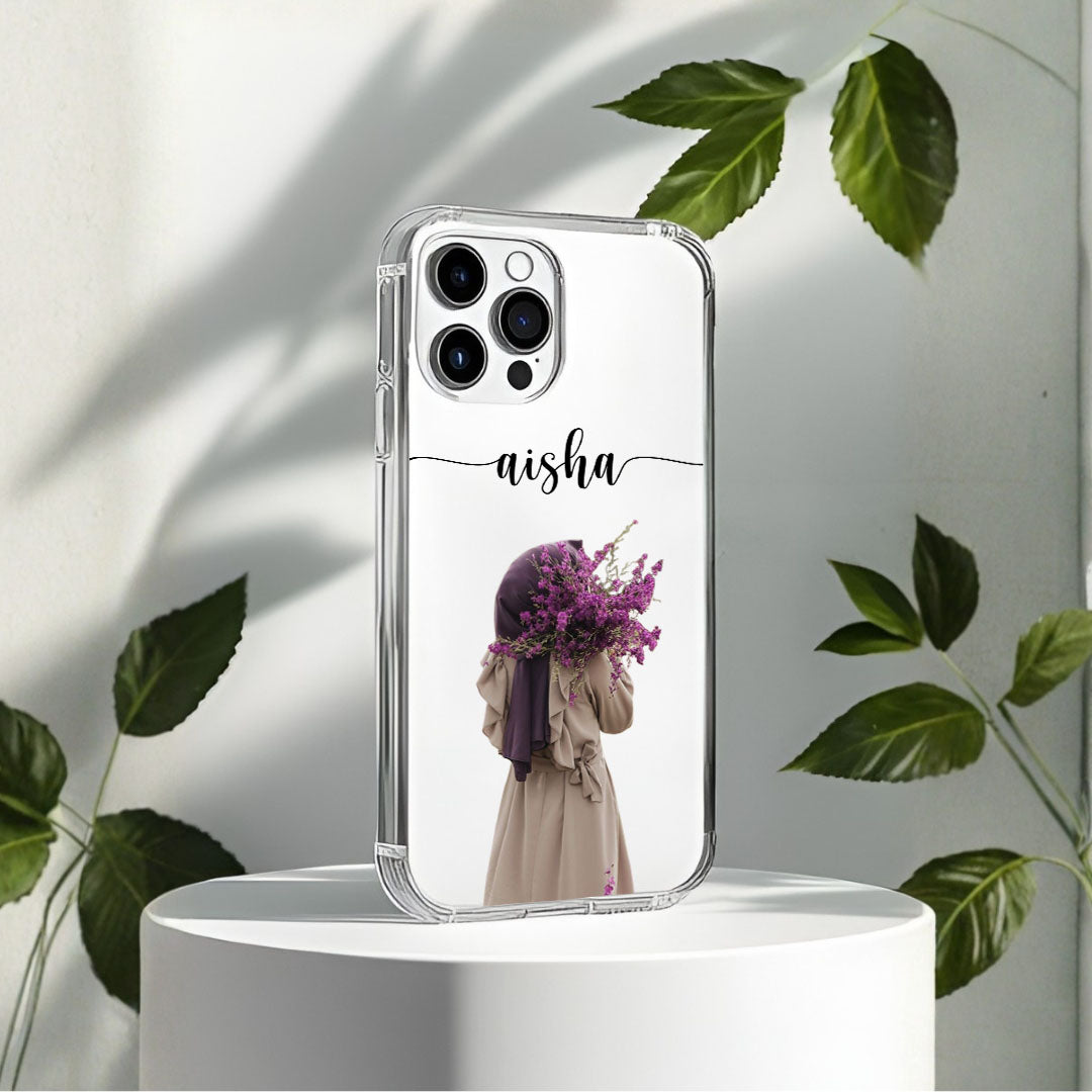 Hijab Girl Holding Flower Custom Name Transparent Silicone Phone Case Design 15
