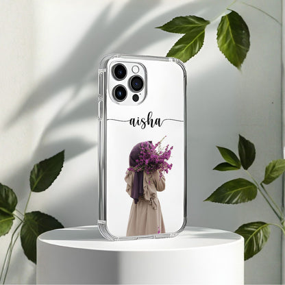 Hijab Girl Holding Flower Custom Name Transparent Silicone Phone Case Design 15