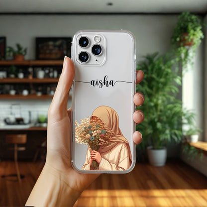 Hijab Girl Holding Flower Custom Name Transparent Silicone Phone Case Design 16