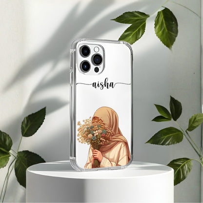 Hijab Girl Holding Flower Custom Name Transparent Silicone Phone Case Design 16