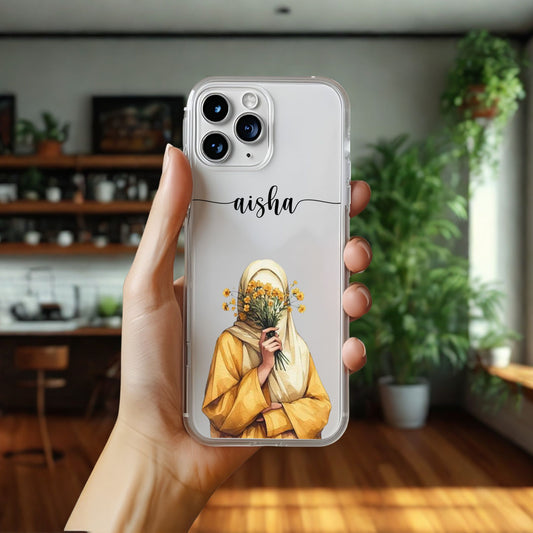 Hijab Girl Holding Flower Custom Name Transparent Silicone Phone Case Design 17