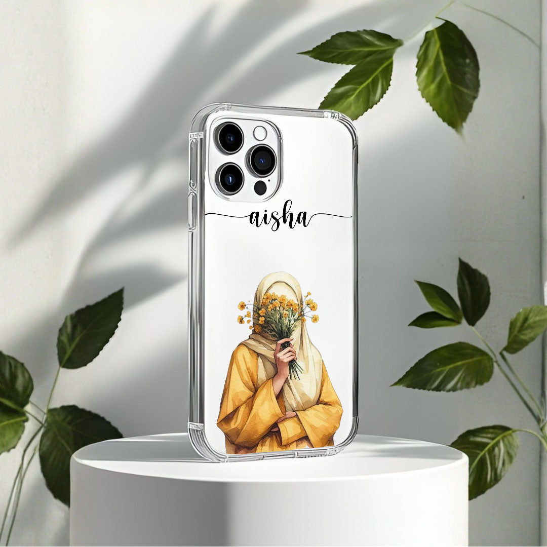 Hijab Girl Holding Flower Custom Name Transparent Silicone Phone Case Design 17