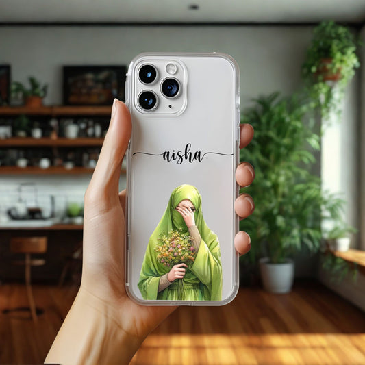 Hijab Girl Holding Flower Custom Name Transparent Silicone Phone Case Design 18