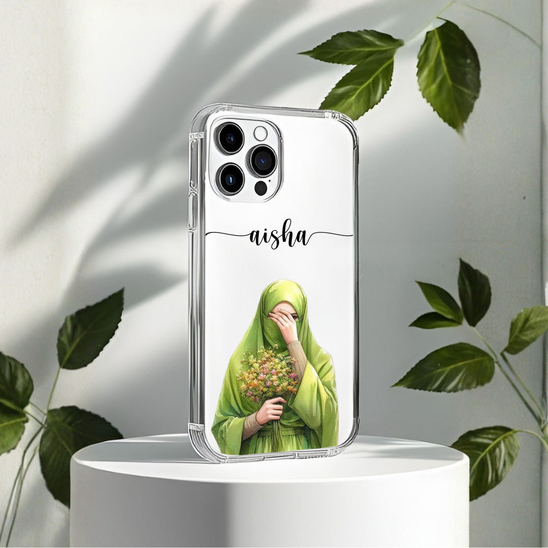 Hijab Girl Holding Flower Custom Name Transparent Silicone Phone Case Design 18