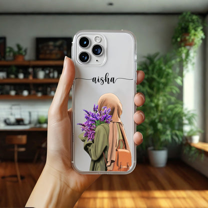 Hijab Girl Holding Flower Custom Name Transparent Silicone Phone Case Design 19