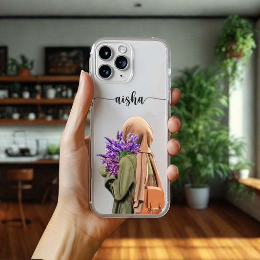 Hijab Girl Holding Flower Custom Name Transparent Silicone Phone Case Design 19