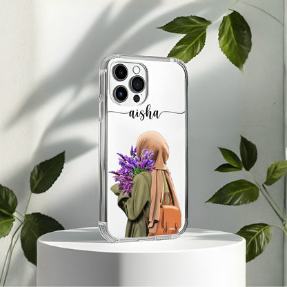 Hijab Girl Holding Flower Custom Name Transparent Silicone Phone Case Design 19