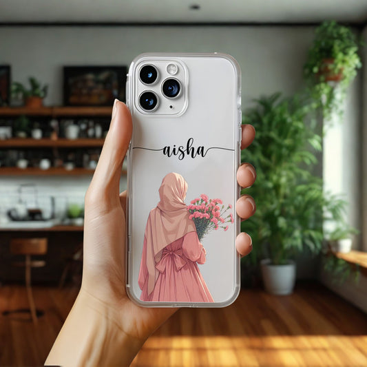 Hijab Girl Holding Flower Custom Name Transparent Silicone Phone Case Design 2