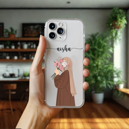 Hijab Girl Holding Flower Custom Name Transparent Silicone Phone Case Design 20