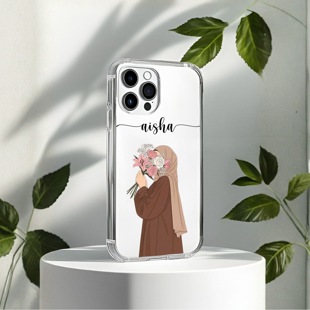 Hijab Girl Holding Flower Custom Name Transparent Silicone Phone Case Design 20