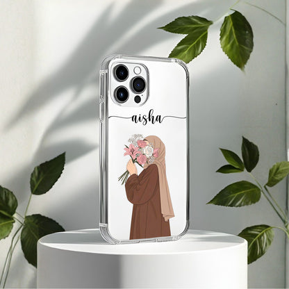 Hijab Girl Holding Flower Custom Name Transparent Silicone Phone Case Design 20