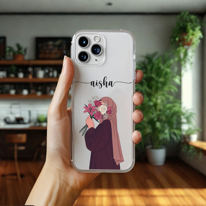 Hijab Girl Holding Flower Custom Name Transparent Silicone Phone Case Design 21