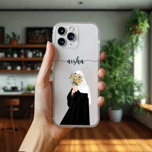 Hijab Girl Holding Flower Custom Name Transparent Silicone Phone Case Design 22