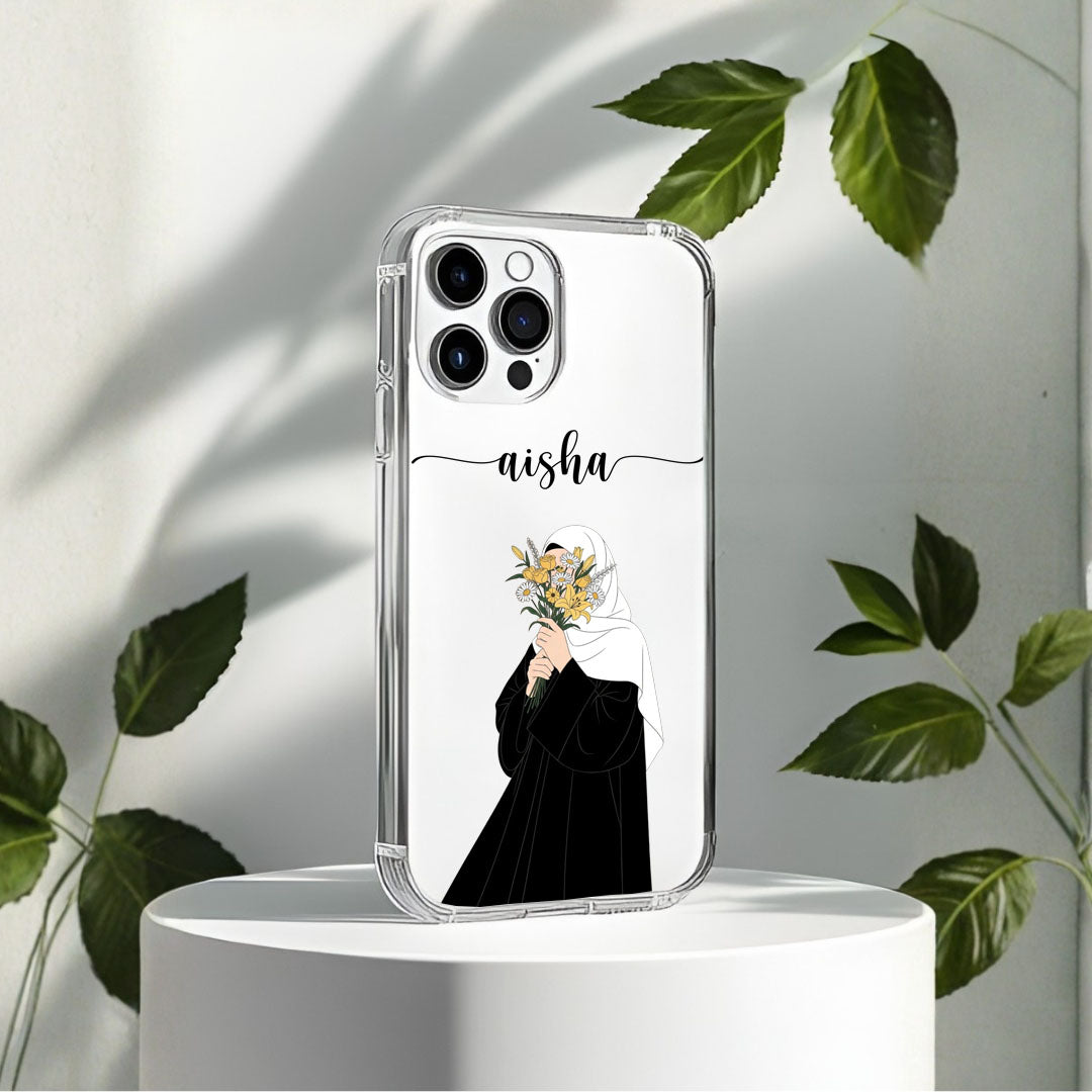 Hijab Girl Holding Flower Custom Name Transparent Silicone Phone Case Design 22