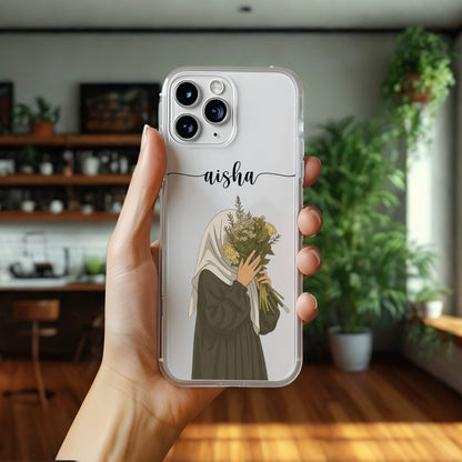 Hijab Girl Holding Flower Custom Name Transparent Silicone Phone Case Design 23