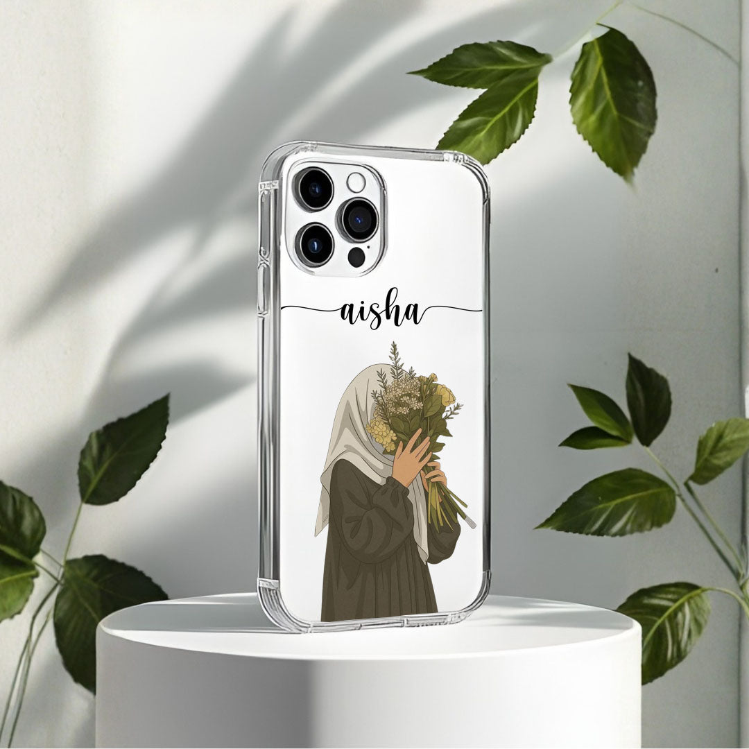 Hijab Girl Holding Flower Custom Name Transparent Silicone Phone Case Design 23