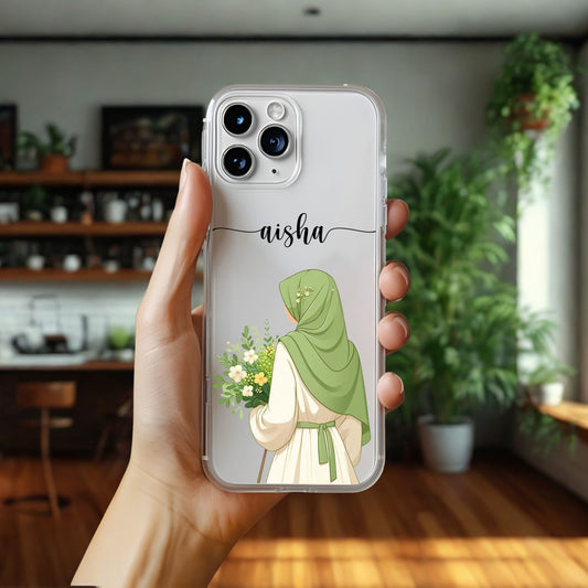 Hijab Girl Holding Flower Custom Name Transparent Silicone Phone Case Design 3