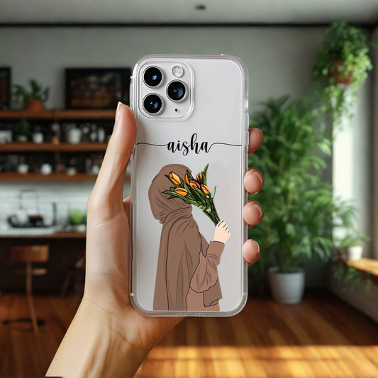 Hijab Girl Holding Flower Custom Name Transparent Silicone Phone Case Design 4
