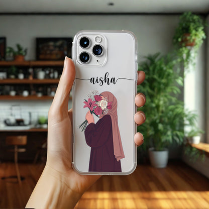 Hijab Girl Holding Flower Custom Name Transparent Silicone Phone Case Design 6