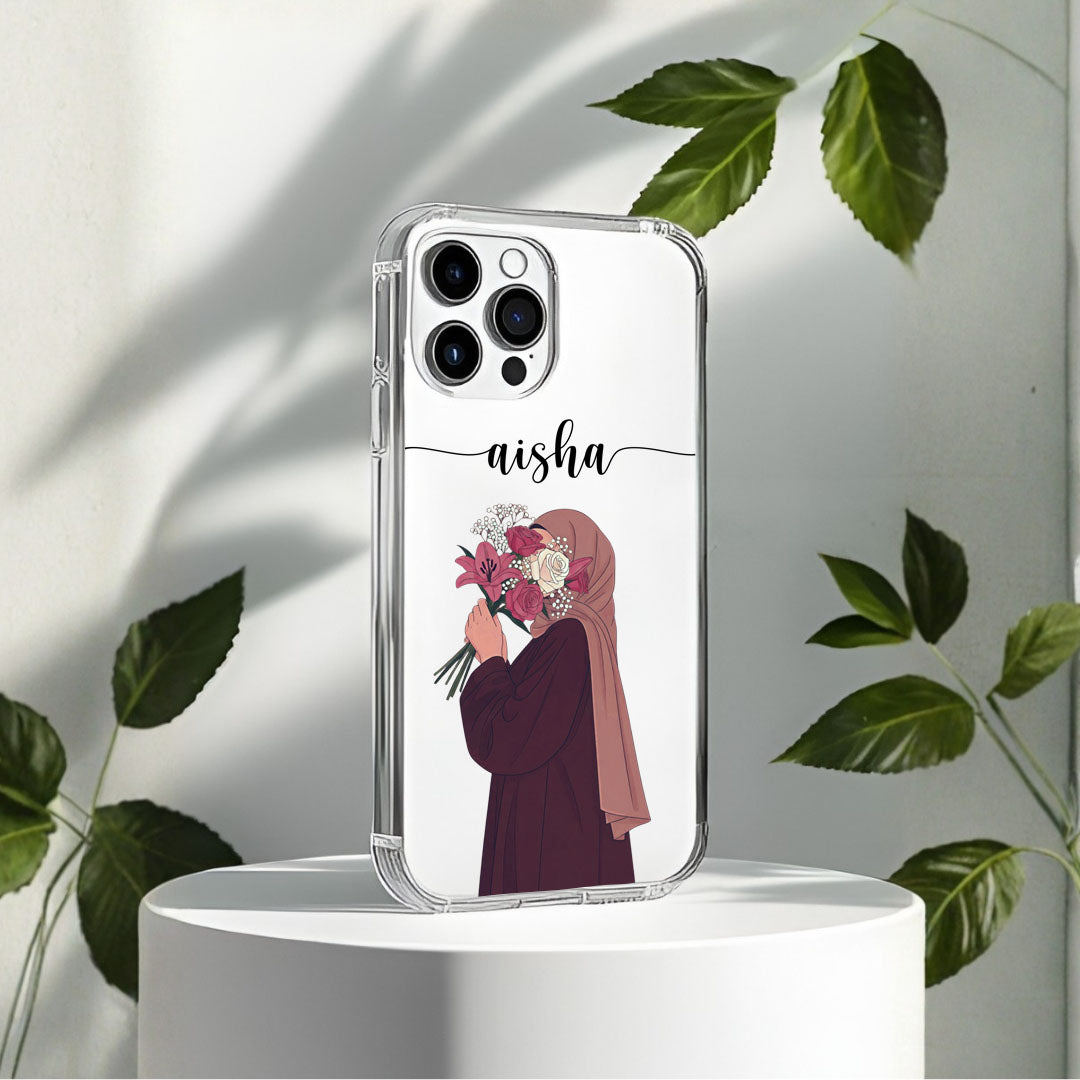 Hijab Girl Holding Flower Custom Name Transparent Silicone Phone Case Design 6