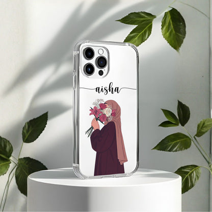 Hijab Girl Holding Flower Custom Name Transparent Silicone Phone Case Design 6