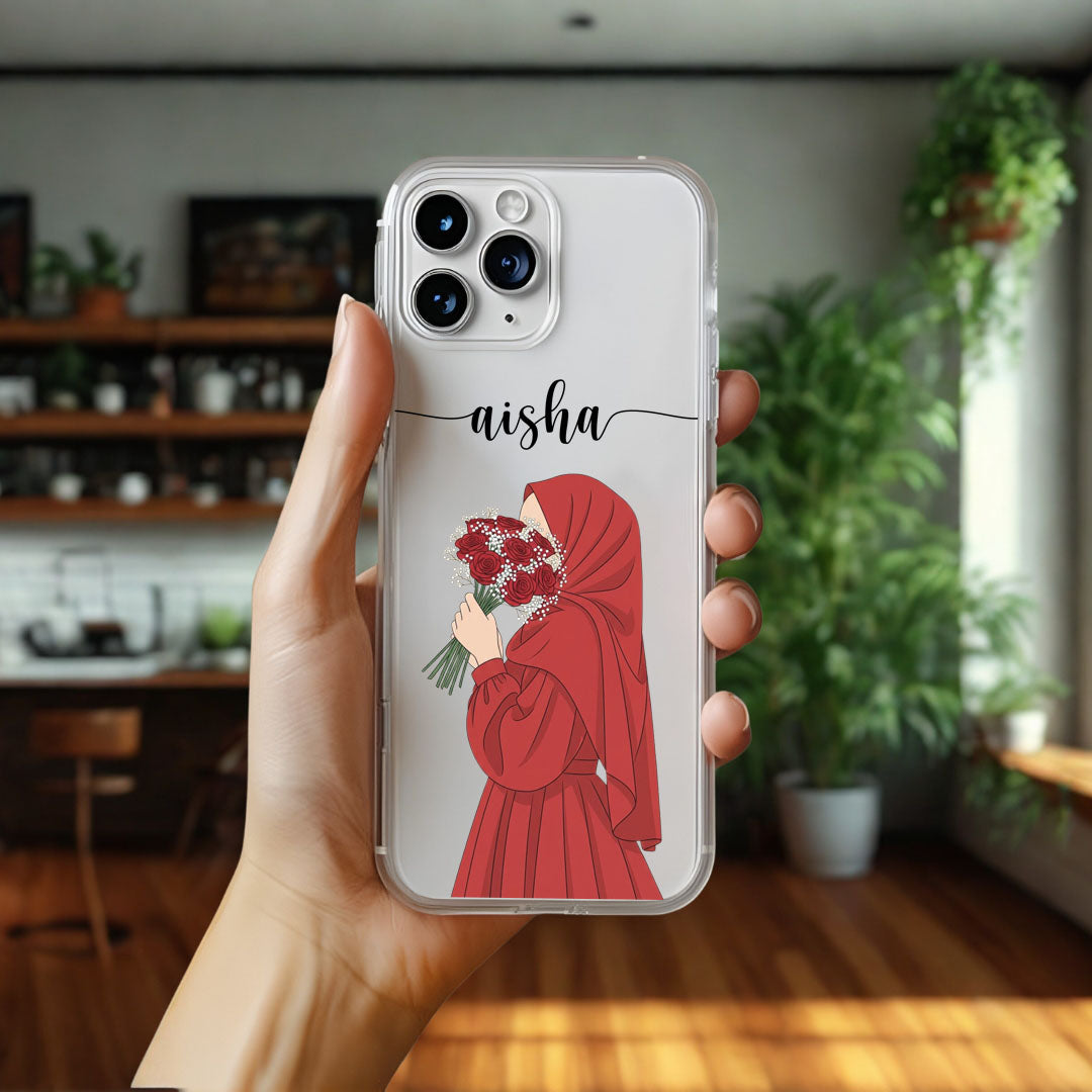Hijab Girl Holding Flower Custom Name Transparent Silicone Phone Case Design 7