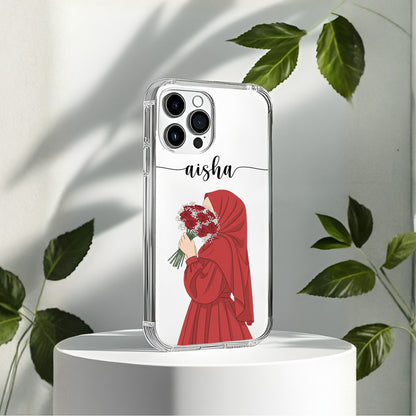 Hijab Girl Holding Flower Custom Name Transparent Silicone Phone Case Design 7