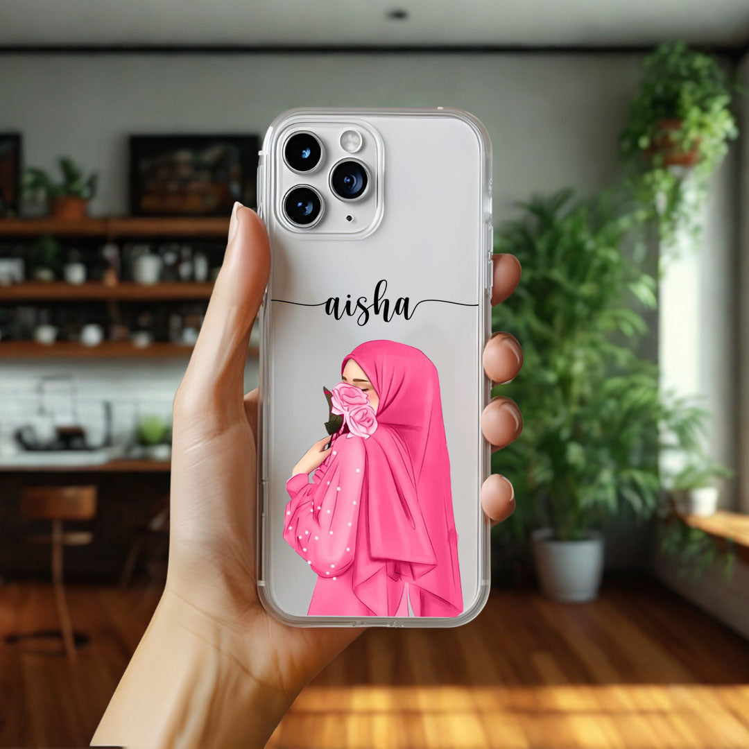 Hijab Girl Holding Flower Custom Name Transparent Silicone Phone Case Design 8