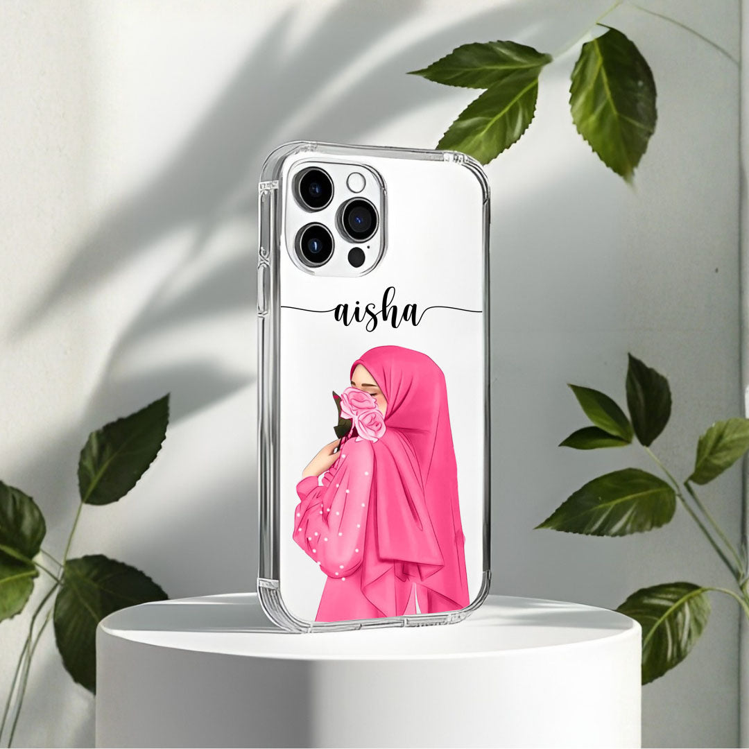 Hijab Girl Holding Flower Custom Name Transparent Silicone Phone Case Design 8