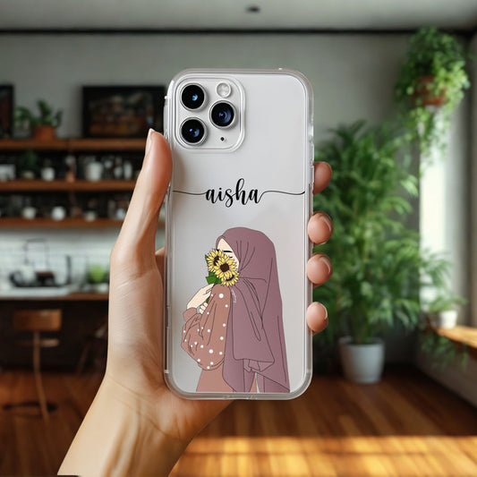 Hijab Girl Holding Flower Custom Name Transparent Silicone Phone Case Design 9