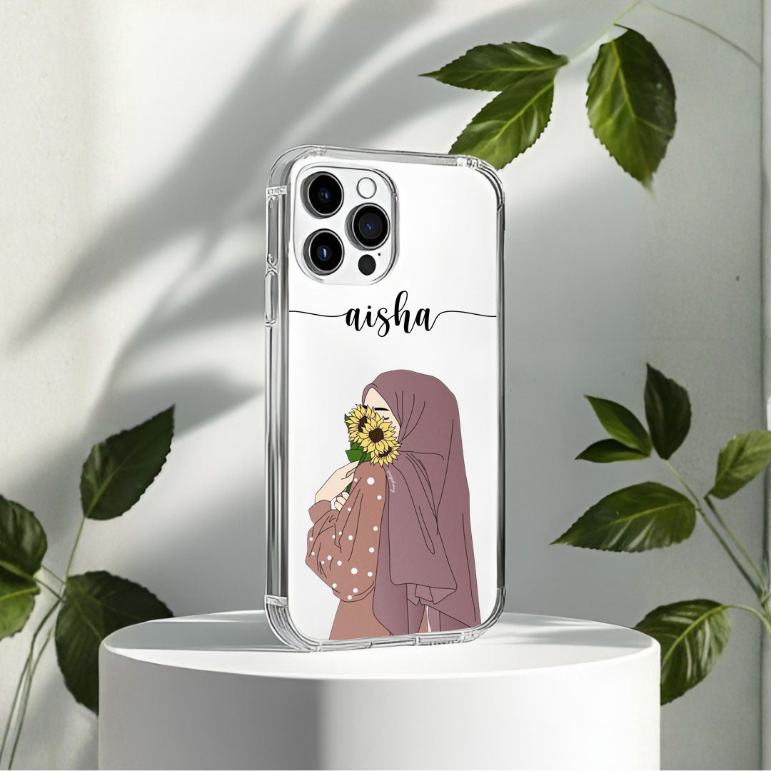 Hijab Girl Holding Flower Custom Name Transparent Silicone Phone Case Design 9