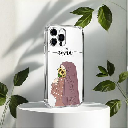 Hijab Girl Holding Flower Custom Name Transparent Silicone Phone Case Design 9