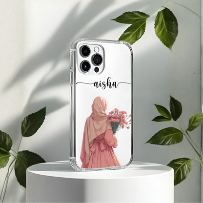 Hijab Girl Holding Flower Custom Name Transparent Silicone Phone Case Design 2